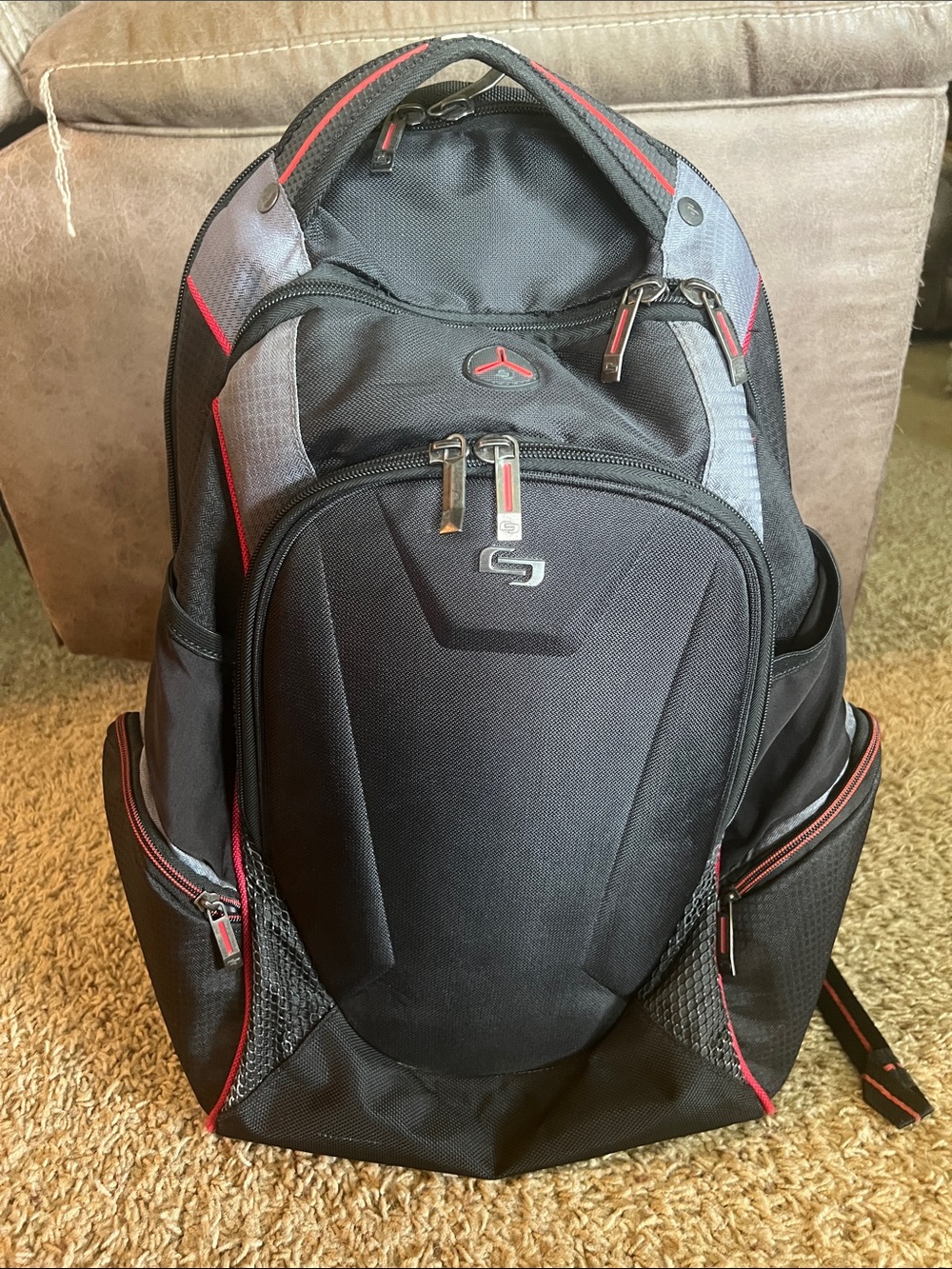 Men's Black and Gray Backpack with Red Accents